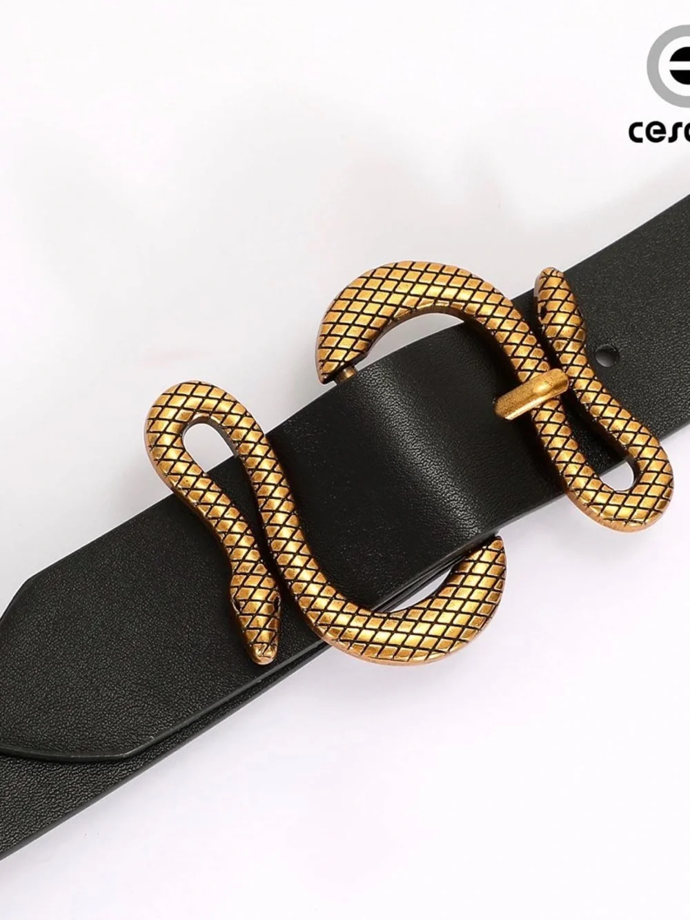 Black Leather Belt with Gold Snake Buckle